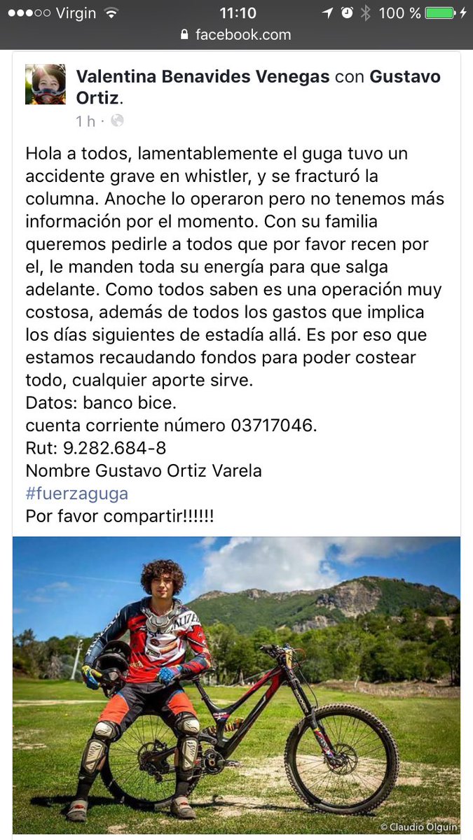 SnowtimeCL's tweet photo. Tíos @aluksicc  @leonardofarkas hagamos algo para juntarle $ al campeón chileno de enduro y DH que necesita un avión ambulancia! #FUERZAGUGA https://t.co/D8b50DB7hv
