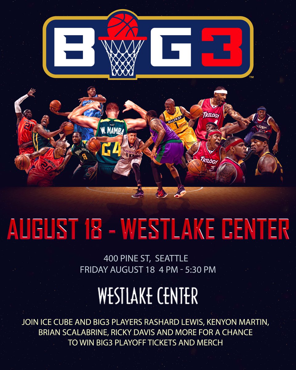 thebig3's tweet photo. FRIDAY 4pm @WestlakeCenter โcome out and join @icecube & BIG3 players for autograph session. Win tickets, merch and take #4PointChallenge! https://t.co/6XvnPx7Sen