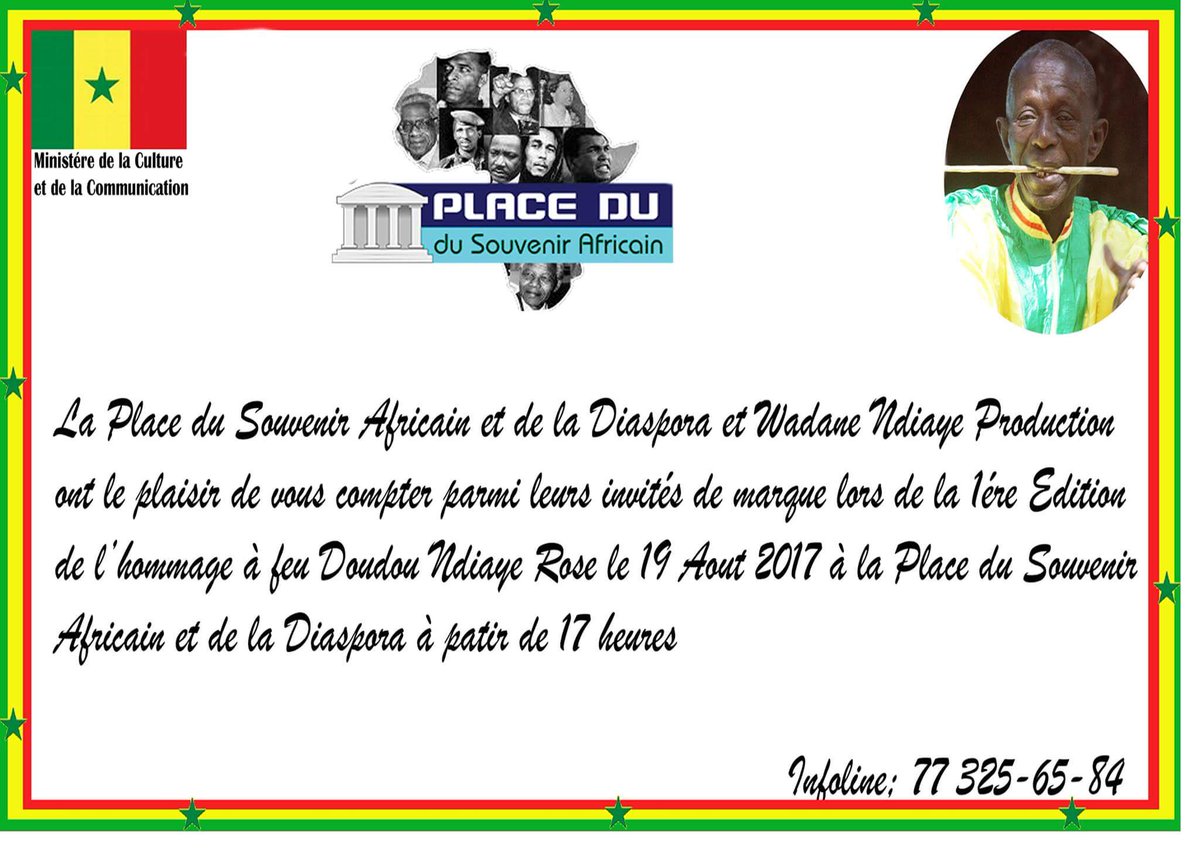 Ndiaye_Mbagnick (@mbagnickndiay) on Twitter photo Un monument de la #Culture sénégalaise: Doudou Ndiaye Rose. Le rendez-vous est pris le 19 août 2017 à 17h à la <a href="/PlaceduSouvenir/">Place du Souvenir</a> #Kebetu Un monument de la #Culture sénégalaise: Doudou Ndiaye Rose. Le rendez-vous est pris le 19 août 2017 à 17h à la <a href="/PlaceduSouvenir/">Place du Souvenir</a> #Kebetu