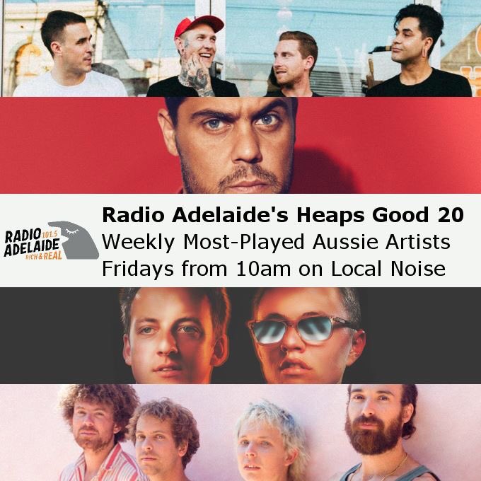 LocalNoiseADL's tweet photo. Your sneak-peek at the Top 4 of this week's #HeapsGood20!

Tune in to find out who @radioadelaide presenters have played most this week! https://t.co/ql8EQ3VXya