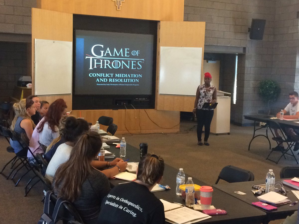 ResLife_Neumann's tweet image. AD of Campus Life Programs, Ms. Shedia Christopher, sheds light on conflict mediation during RA Training; Game of Thrones style! #ResLife