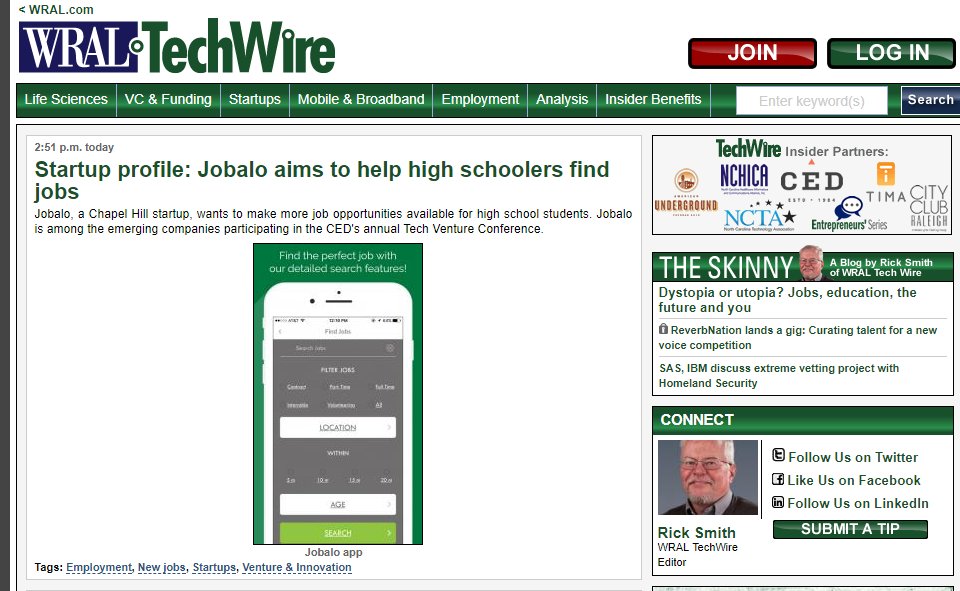 JobaloJobs's tweet photo. @WRALTechWire did a profile on Jobalo! Check it out: https://t.co/dKISTTeoPo 
Excited to present at the CED Tech Conference! https://t.co/k7sZfCv6Yc