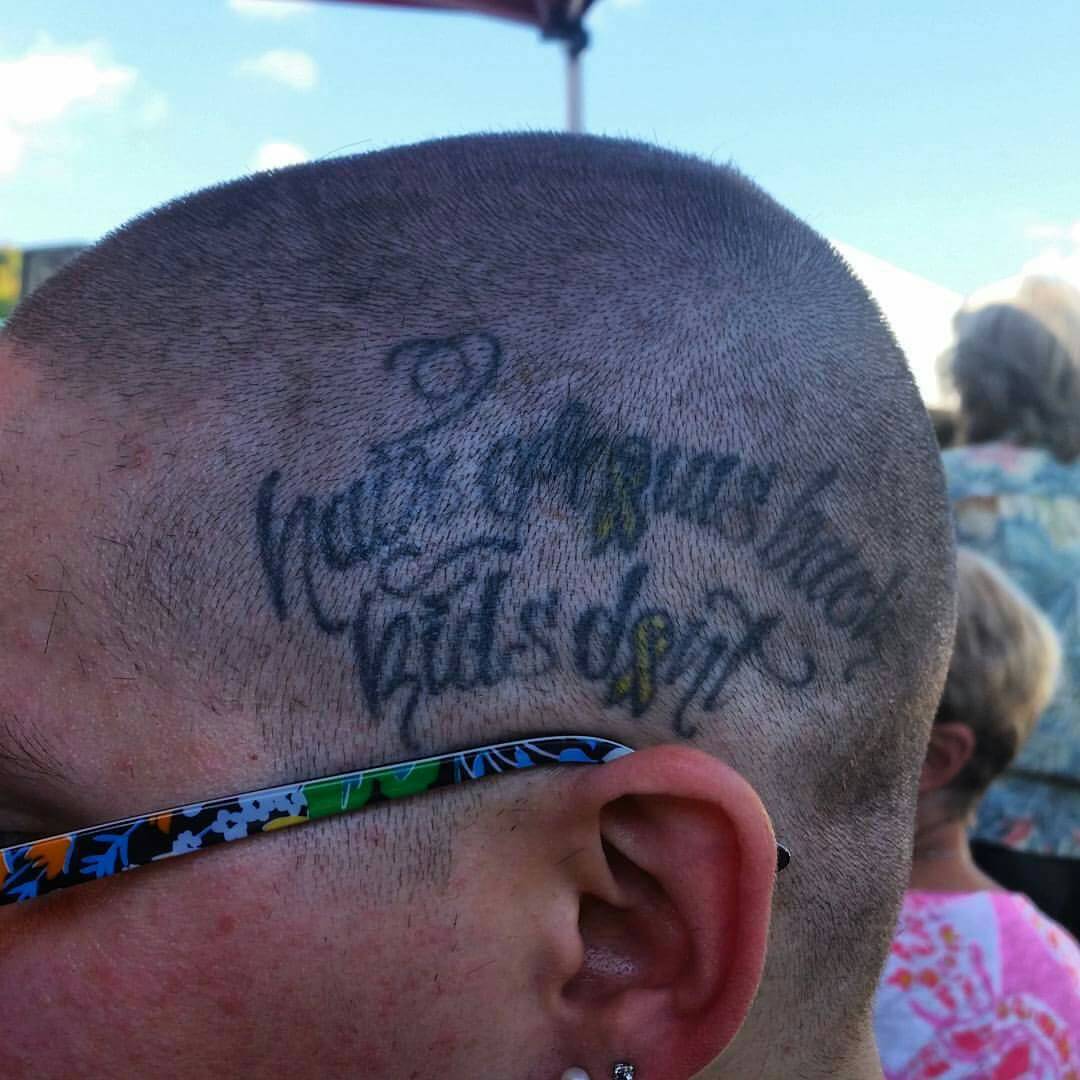 StBaldricksWSNC's tweet photo. A #Throwbackthursday from last year's event. "Hair grows back, kids don't." #tbt #stbaldricks2017 https://t.co/9ZyWBJtqxQ
