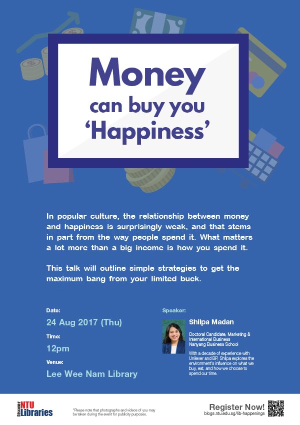 Money can buy you "Happiness"! 
Hear Shilpa, winner of the NTU 3MT on 24th August at Lee Wee Nam Library.
Register: bit.ly/money-happy-ta…
