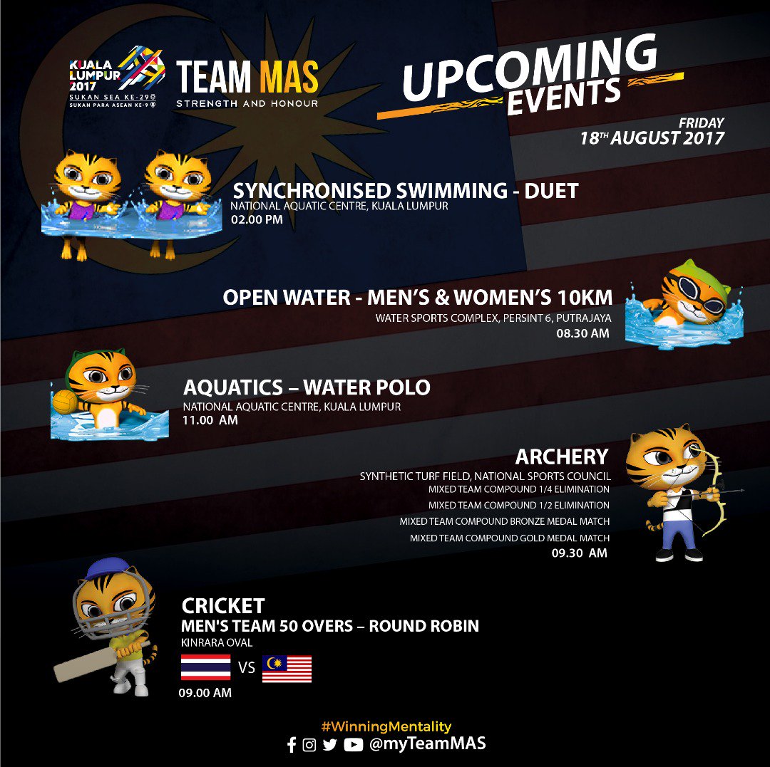 ANGKASACoop's tweet photo. Today's sports competition list, Go #TeamMAS #KitaJuara!
Foto: @myTeamMAS
#ANGKASACoop #KL2017 #SEAGames2017 https://t.co/lBMoNAt8ET