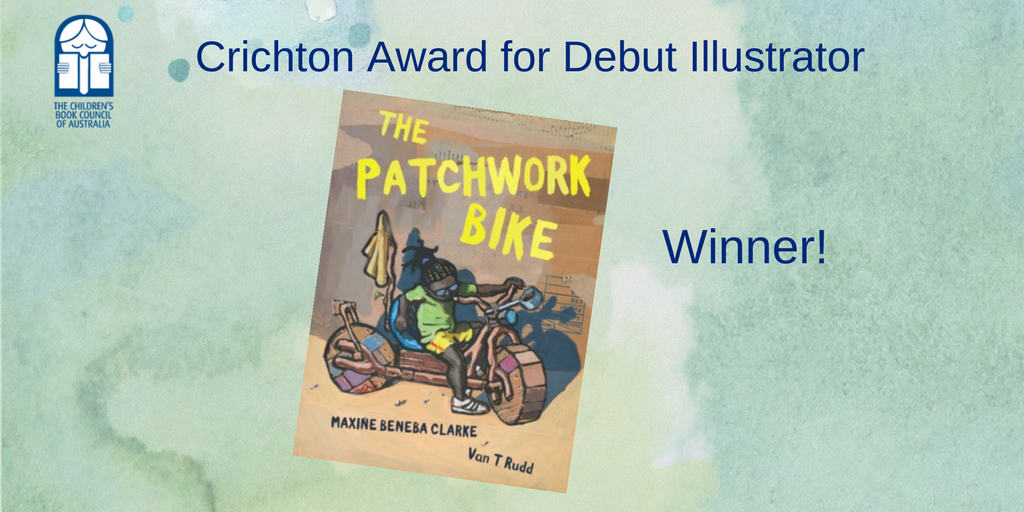 TheCBCA's tweet photo. Winner of the Crichton Award for Debut Illustrator #cbca2017
Van T Rudd for The Patchwork Bike published by @HachetteAus @hcboz https://t.co/kCHZxDwxM7