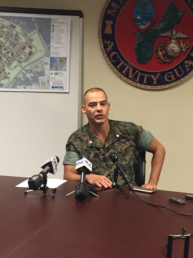 kuamnews's tweet image. Major Tim Patrick of the Marine Corps Activity Guam briefs the media on the latest infrastructure project for the military buildup.