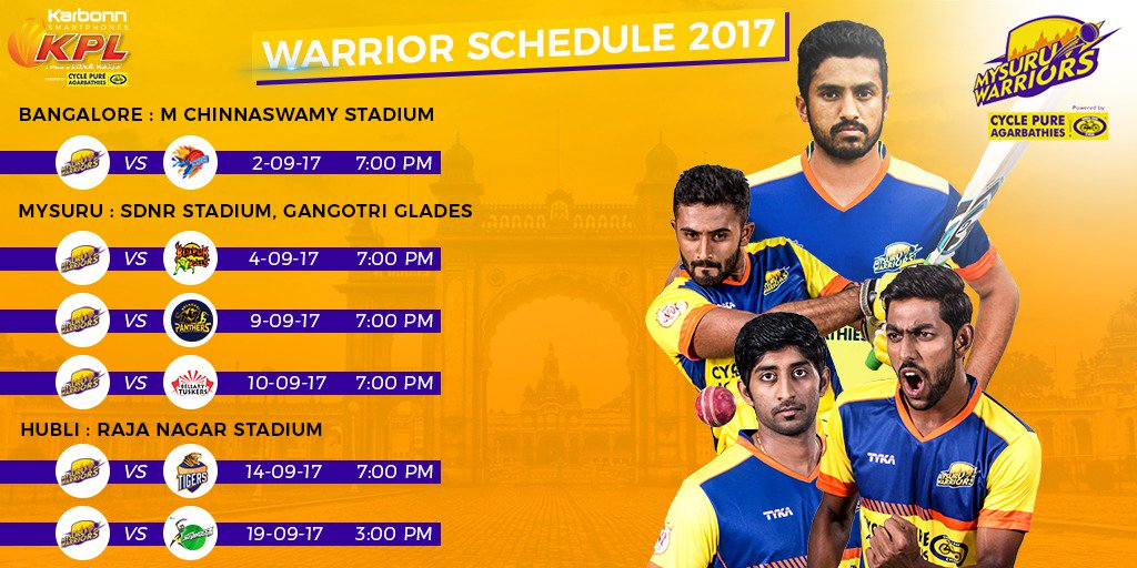 mysore_warriors's tweet photo. #SaveTheDates and come #Cheer the #Warriors on during the #NammaKPL2017. 
#GoWarrior #MakeUsProud https://t.co/lqZ9u5P9eS