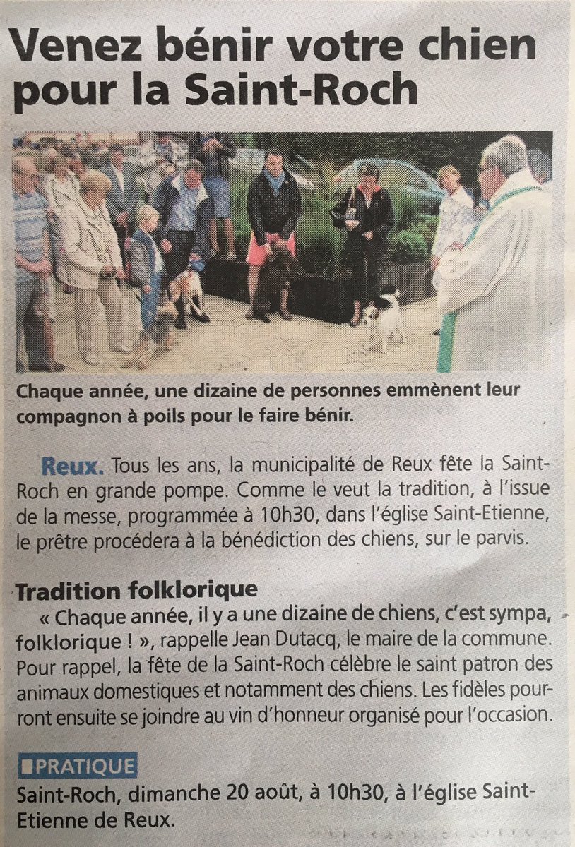 AudreyGadenne's tweet photo. Dim 20 août à 10h30, venez célébrer la Saint-Roch à #Reux ! messe, bénédiction des chiens, vin d'honneur via @pays_dauge https://t.co/v0I36Uhee0