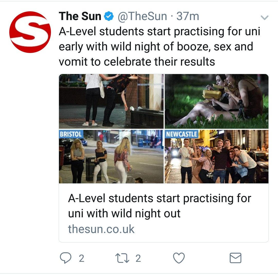 SunApology's tweet photo. The Sun has done that really creepy thing it does where it follows around 17 and 18-year-olds on their night out after A level results https://t.co/IZJxOkb793
