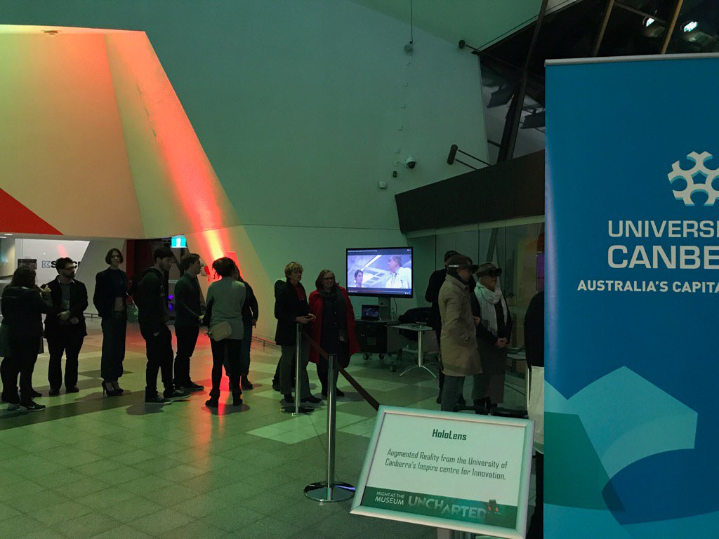 LeJoelleACT's tweet photo. Look at this! All these people are queuing for the #HoloLens @rfitzgerald https://t.co/jpyEbZVgOD