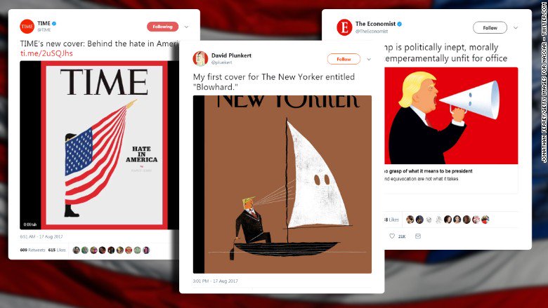 CNN's tweet photo. Three of the most prominent magazines are reacting to Trump's controversies with bold, pointed art on their covers https://t.co/4tuRJsY3V1 https://t.co/U6926SDwBZ