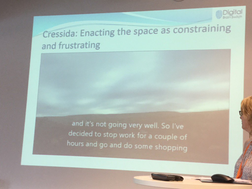 DrRWhiting's tweet photo. Enacting space as liberating &amp; creative v enacting space as constraining &amp; frustrating @GillianSymon #WORK2017fi https://t.co/UA8blaFZxK
