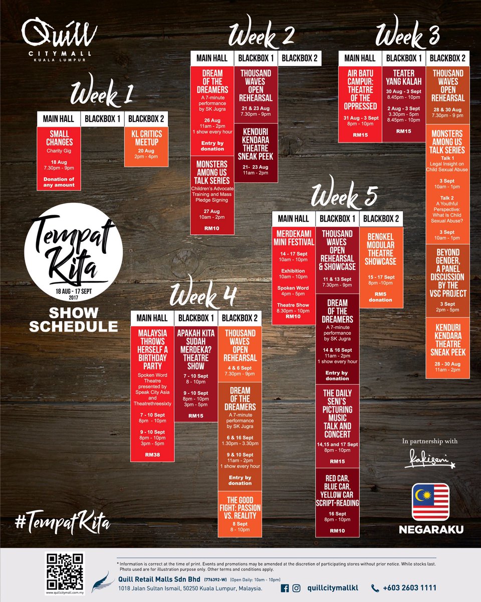 kakiseni's tweet photo. Anda di Quill City Mall KL? Mai la tengok show kat #TempatKita di North Concourse! Ni ha schedule dia. #RasaSayang https://t.co/6EqPXrunYm