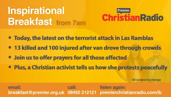 PremierRadio's tweet photo. On #InspirationalBreakfast with John Pantry today... #LasRamblas #LasRamblasAttack #terrorism https://t.co/hycoS1rqxW