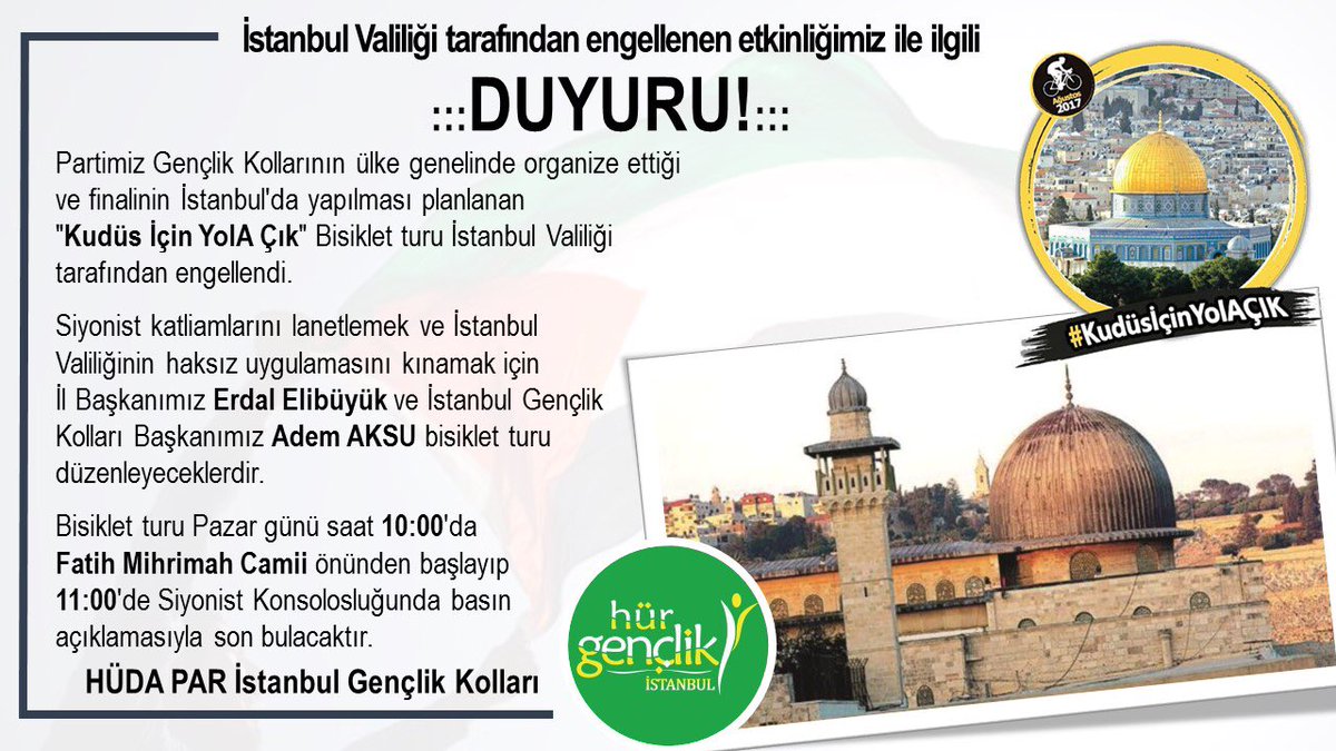 #AksaİçinYolAçık 
Gençlik kolları başkanlığımızın İsrail'i lanetleyen bisiklet turunu iptal etmesi israil seviciliğinin ispatı değilse nedir