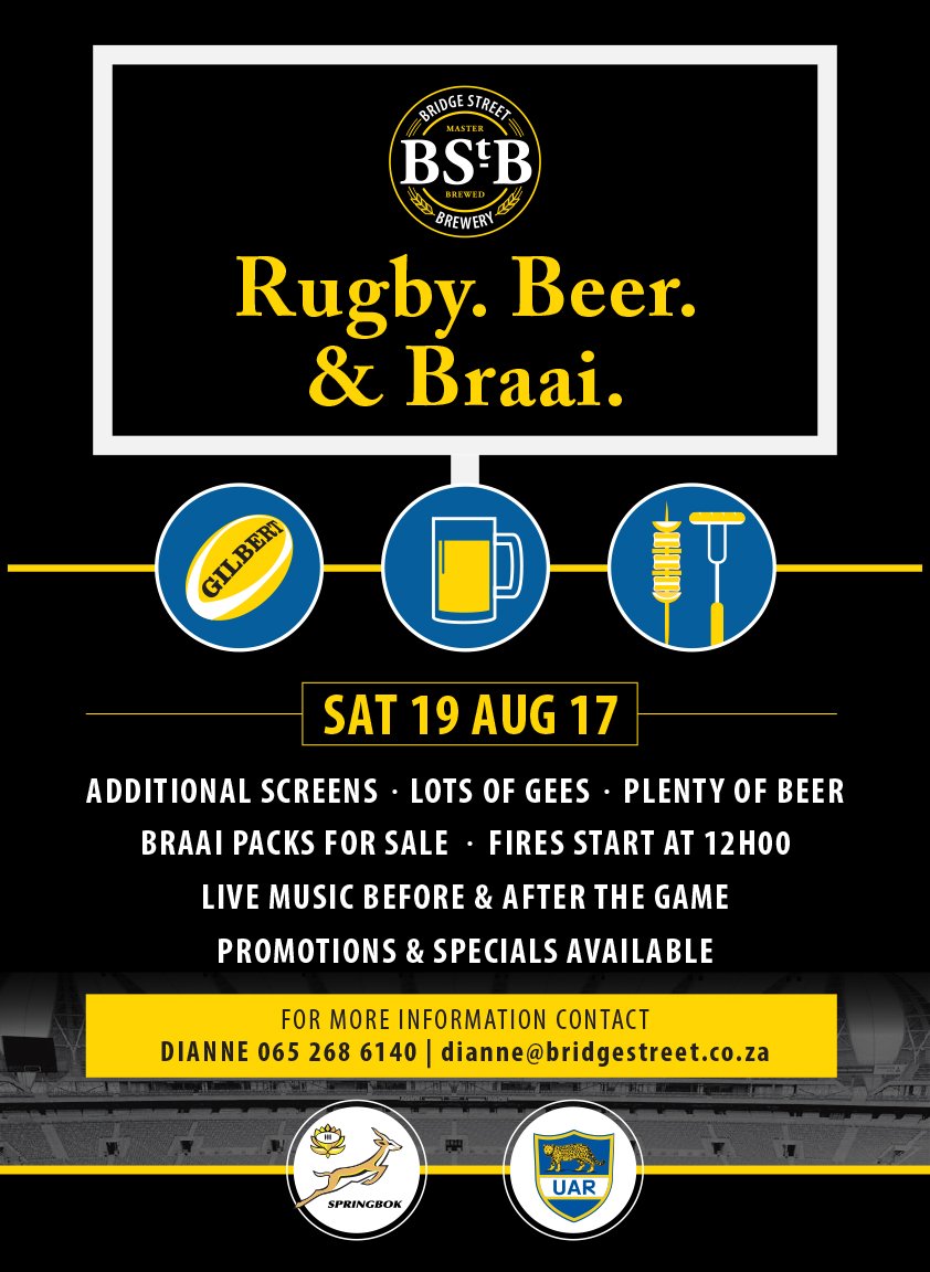 BridgeStBrewery's tweet photo. @Springboks where will you be celebrating your win in Port Elizabeth against Argentina? Come on down to @BridgeStBrewery! #Craftbeer https://t.co/R5o69jLjSp