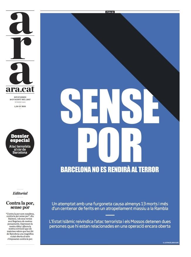 Gracias <a href="/diariARA/">diariARA</a> por una portada  sin fotos de victimas, familiares o personal de emergencias. Esto es periodismo #Cambrils #Barcelona