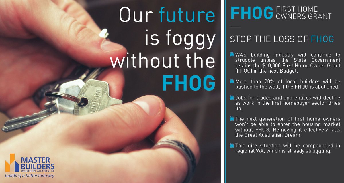 MBAWA_News's tweet photo. Master Builders urges the State Government to retain the $10,000 FHOG in the State Budget on September 7. #mbawa #savetheFHOG #keepjobs https://t.co/h1wcqBafyL