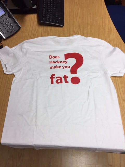 Adam_Wilson1984's tweet photo. Does Hackney make you fat? official branded t-shirts have arrived in time for our first park event at London Fields today #DHMYF https://t.co/jJQi4g1q6q