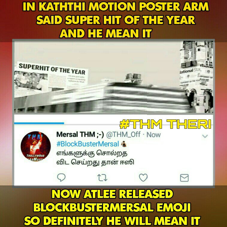 nirushanth5's tweet image. KATHTHI - SUPERHIT OF THE YEAR
#Mersal - #BlockbusterMersal Emoji
@THM_Off