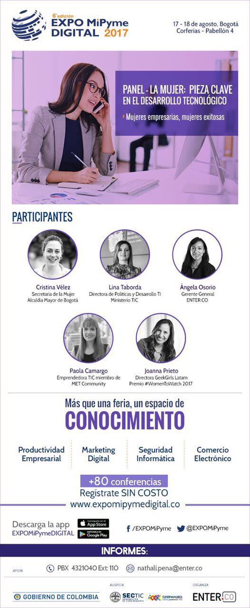¡#Felizviernes mundo!
Los esperamos hoy, 12m en Corferias #ExpoPymeDigital dónde estaremos 5 #MujeresTI hablando de desarrollo tecnológico