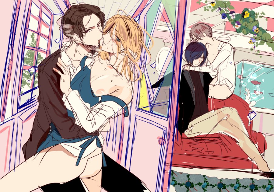 🦋「雌お兄さんがおれの理性を壊す」の表紙のラフです。3枚目を担当さんからアドバイスいただいて色々直して、4枚目の完成絵になりました。単行本は9/7発売です!(宣伝) 