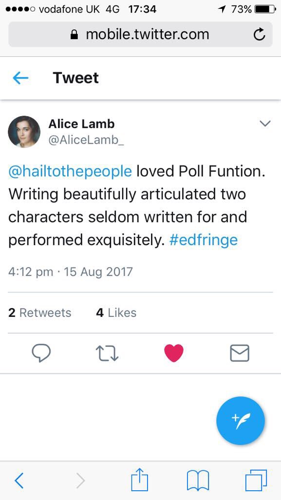 hailtothepeople's tweet image. @lyngardner we'd love to invite you along #PollFunction @ThePleasance! Here's what our audiences have had to say so far! #newwriting