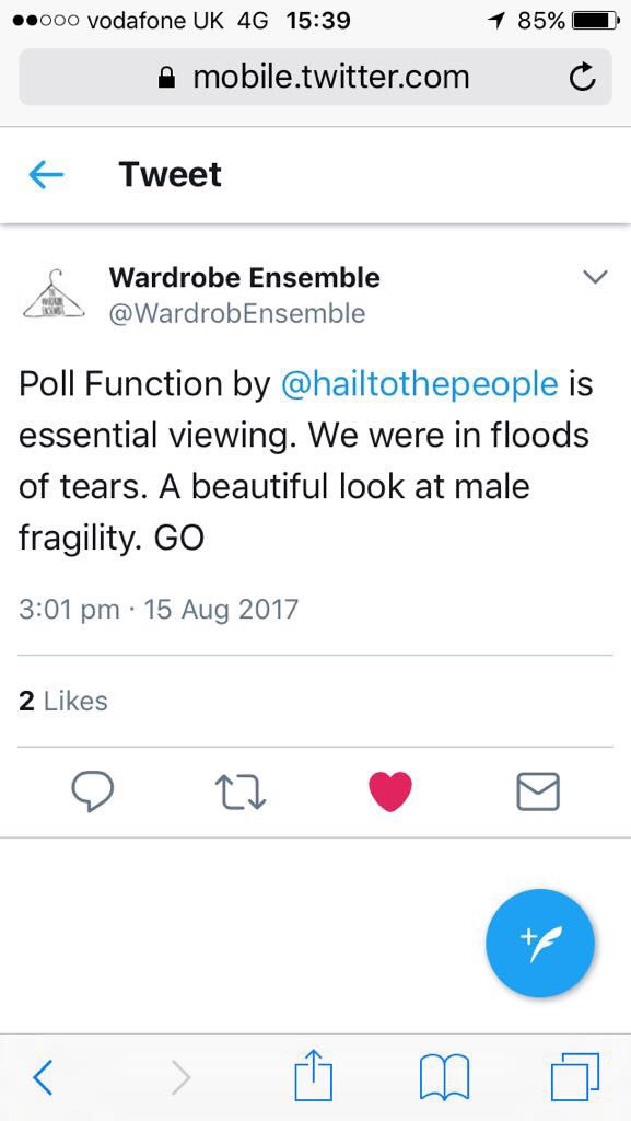 hailtothepeople's tweet image. @lyngardner we'd love to invite you along #PollFunction @ThePleasance! Here's what our audiences have had to say so far! #newwriting