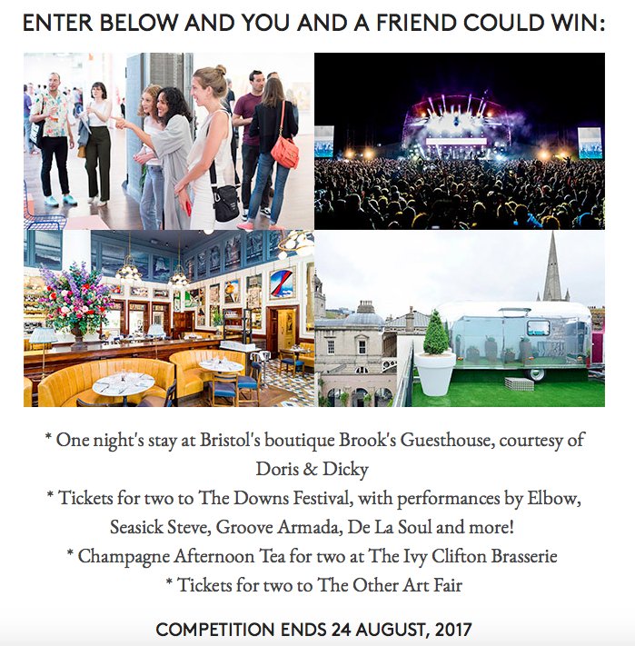 TheOtherArtFair's tweet photo. #Win the ULTIMATE #Bristol getaway #weekend w/ @DorisandDicky @ivycliftonbrass + The Downs Bristol! Enter now: https://t.co/YzLNuVPMkg https://t.co/d6X6qbBBqN