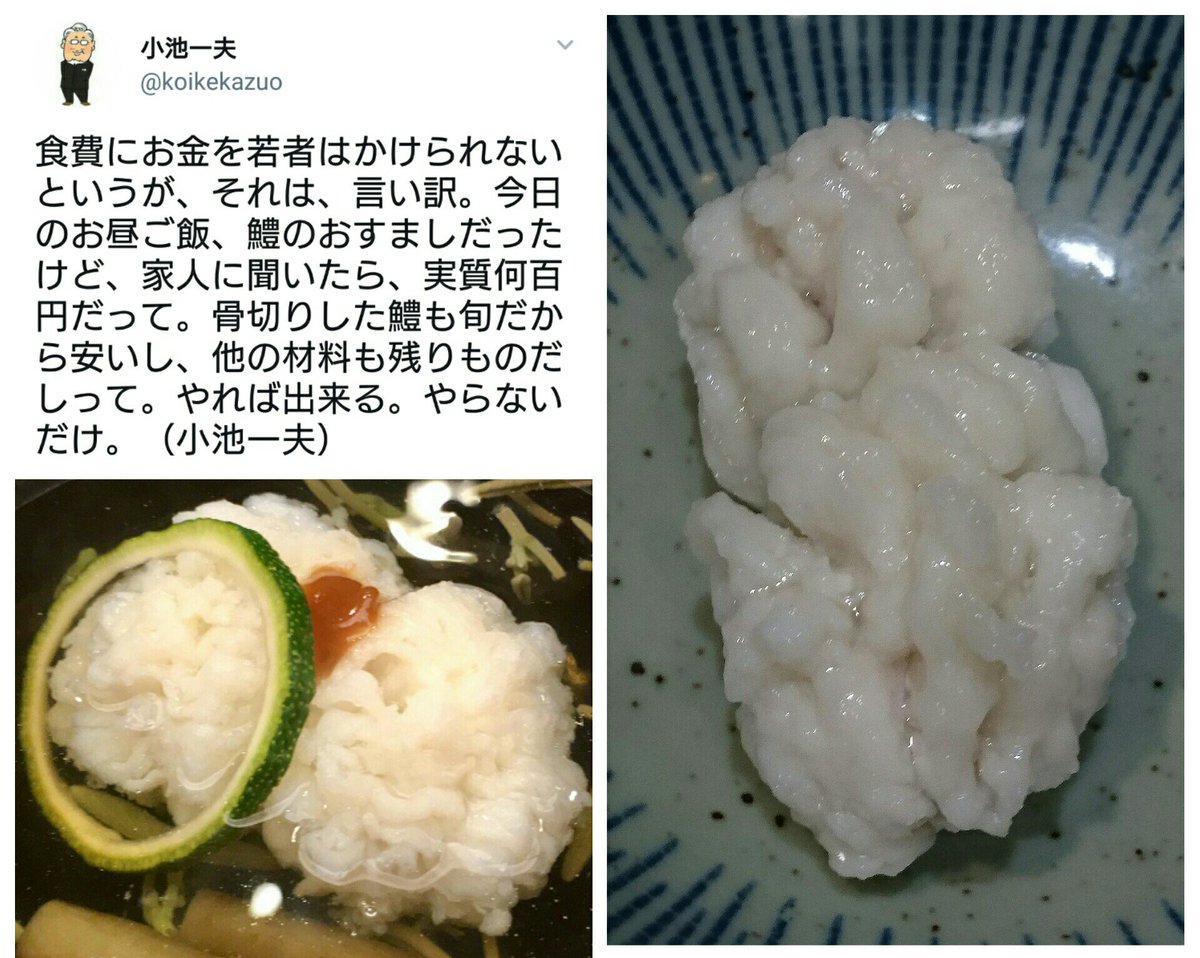 黒かどや 小池一夫の金がないなら鱧の汁物作れが話題だが 板前なら解ると思うけど画像の鱧の鮮度が 骨切りした鱧 のレベルには見えないんだよな 機械で骨切した鱧はもっと骨切が粗いし 活〆のような綺麗な牡丹鱧にはならないんだよね 何処かの割烹屋の