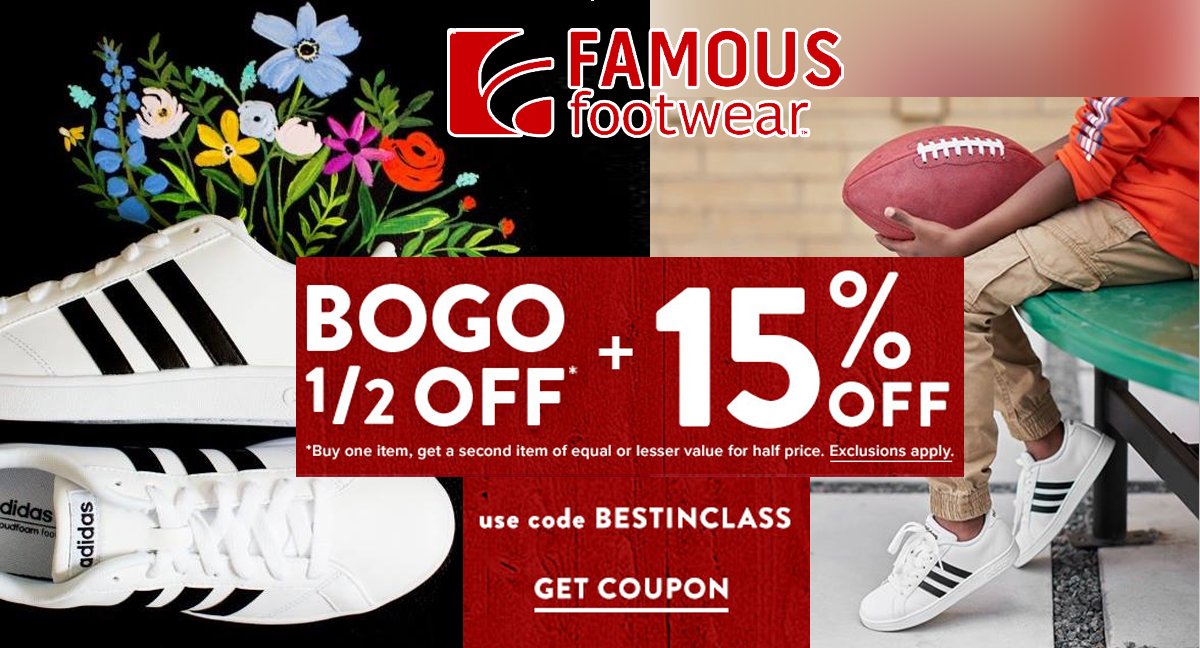 thecouponcodess's tweet photo. BOGO ½ Off + Extra 15% Off at #Famous_Footwear 
Get Coupon : https://t.co/oWteiTVIED
#Sandals #Sneakers #Boots #Fashion #Styles #Shoes #Nike https://t.co/ROvcGhgxA7