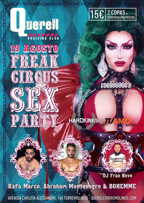 estaremos en @Querelltorremol como siempre para liarla #FREAKCIRCUSSEXPARTY BY HARDKINKS Y TUAMO! Con