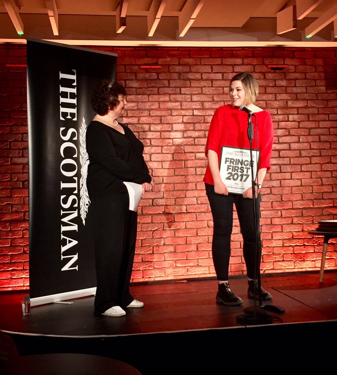 Gildedballoon's tweet image. And our first winner is @apphiacampbell for #WOKE! Wonderful director Caitlin Skinner collects the award #FringeFirsts #EdFringe #gb2017