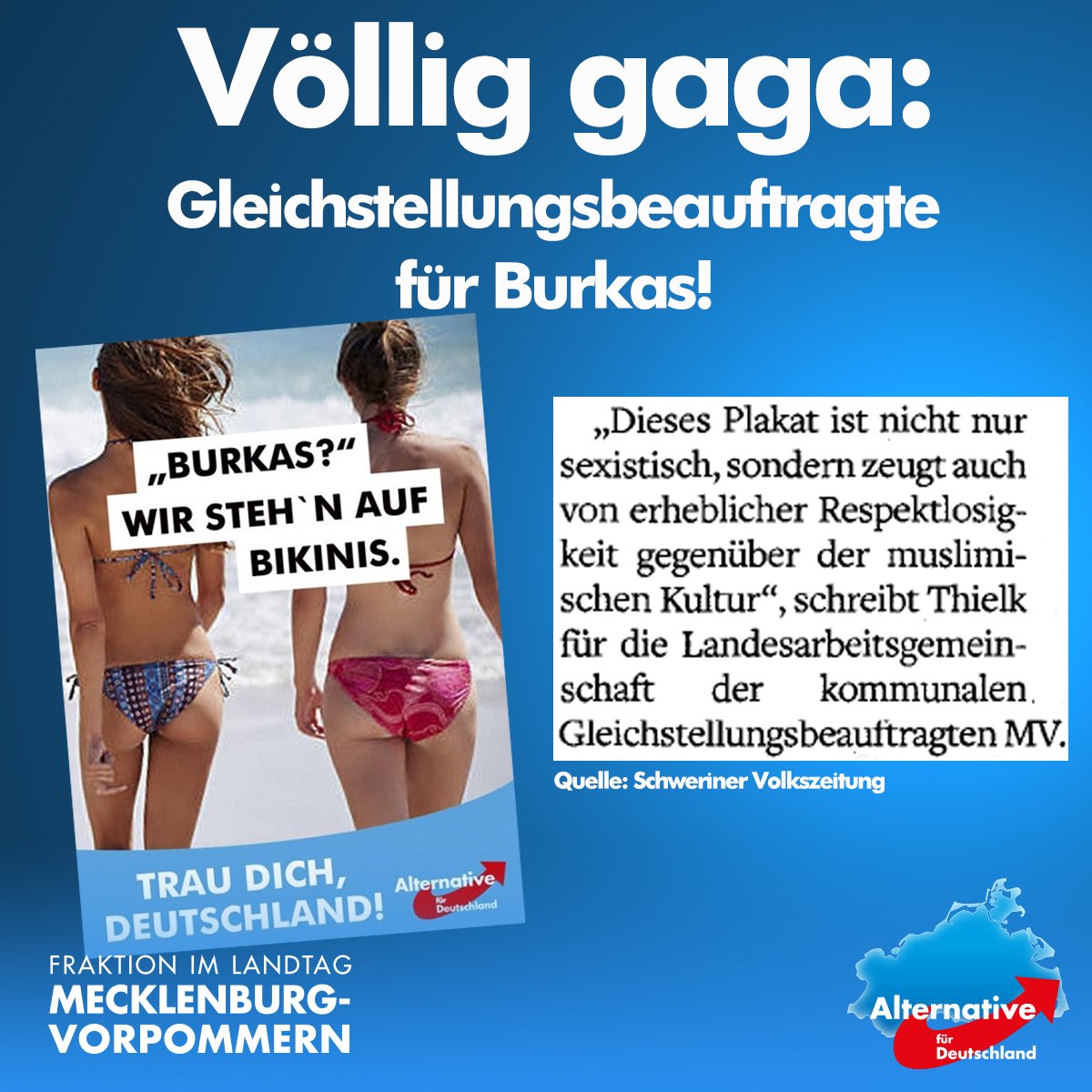 AfD-Fraktion MV on X: "+++ Rostocker Gleichstellungsbeauftragte: #AfD-Bikini-Plakat  beleidigt Moslems! +++ &gt;&gt; https://t.co/vqhU3ghPzi  https://t.co/U9QL3IjzWd" / X