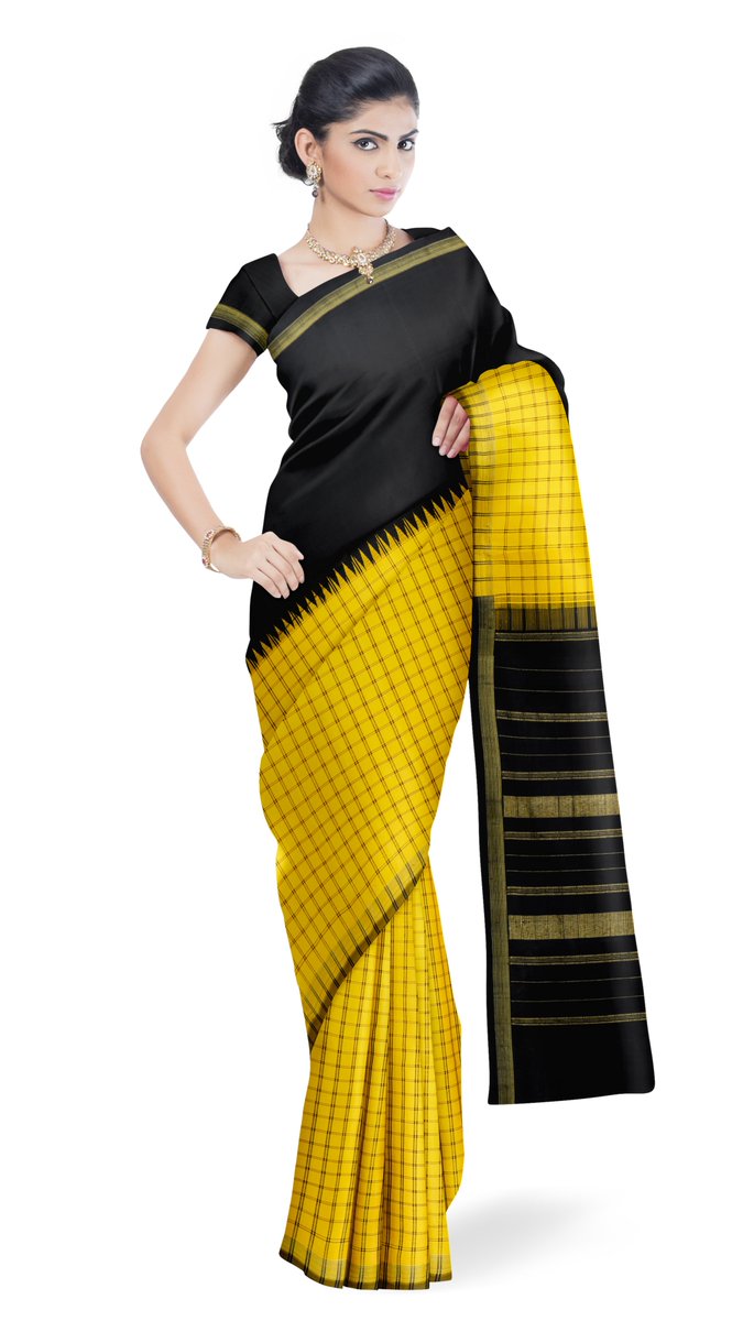 silksareeonline's tweet photo. Borderless half &amp; half kanjivaram pure zari silk saree top being plain black &amp; bottom being contrast yellow color. https://t.co/XIsyG6OcgP https://t.co/XyoYIFXawl