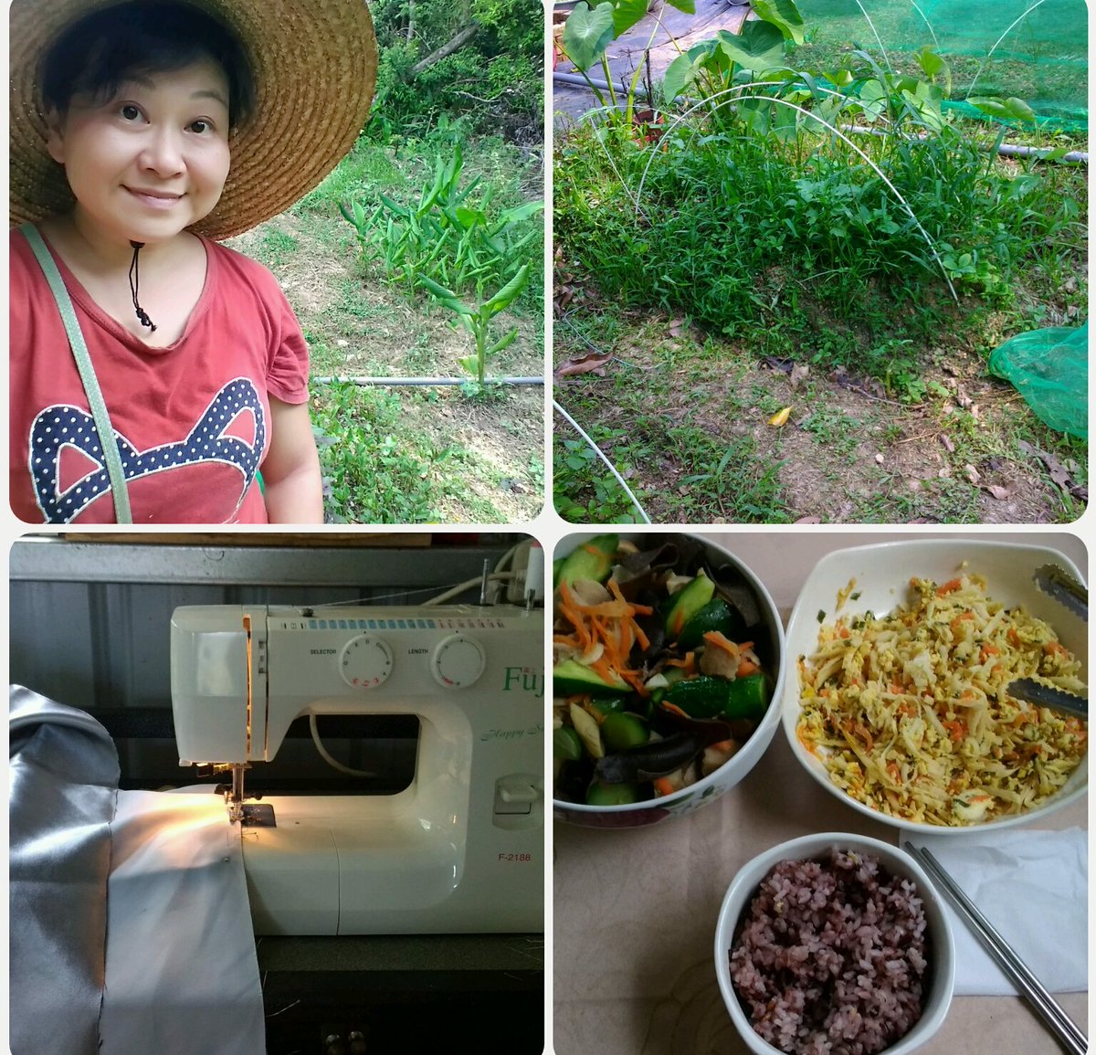 😊 感謝優閒的山居生活！白天真的太熱，躲在房子裡還38度。 再請出小白縫紉機來車一件桌布了！
😌 感謝雜草長訓練我的耐心，必須慢慢的從中挑出我那長很慢的韭菜！
😜 感謝強大的地瓜葉有著旺盛的生命力！ 讓我不需學什麼種菜技術都時常吃的到！
     #沒有健康一切空談！