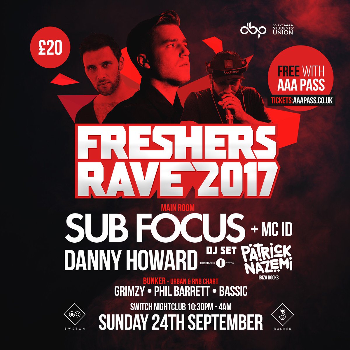 Sub Focus &amp; Danny Howard return to Switch Southampton for <a href="/Solentfresher17/">Solent Freshers 2017</a> Rave!

• FREE With AAA Pass

AAAPass.co.uk