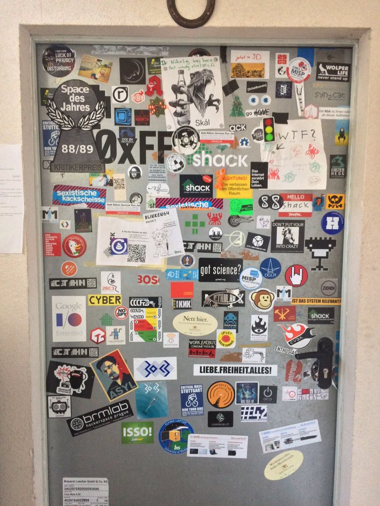 shackspace's tweet image. It's tradition for visitors of hackerspaces to put something on our #StickerExchange door. Newest from @ToolboxBodensee + @HackspaceJena :)