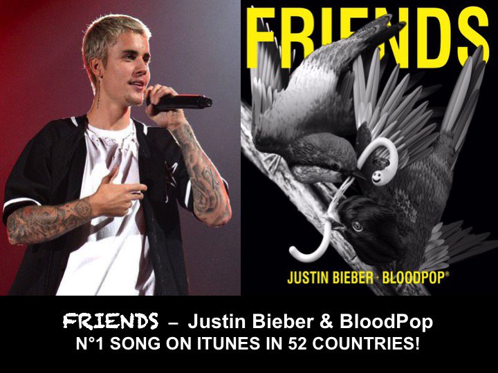 WORLDMUSICAWARD's tweet photo. #JustinBieber’s new Single #Friends with #BloodPop is already #1 on Itunes in 52 countries including the US!👏☝️🎵🌎🌍🌏🔥
https://t.co/WxPYF2OMY3 https://t.co/ThU3j8f36s