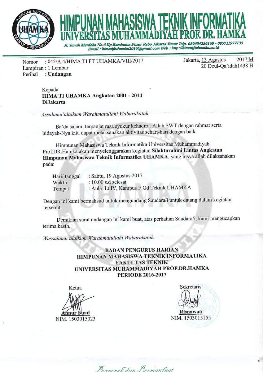 Assalamualaikum wr. wb.
Kami HIMA TI UHAMKA ingin mengundang HIMA TI UHAMKA Angkatan 2001 - 2014 untuk menghadiri acara Silaturahmi