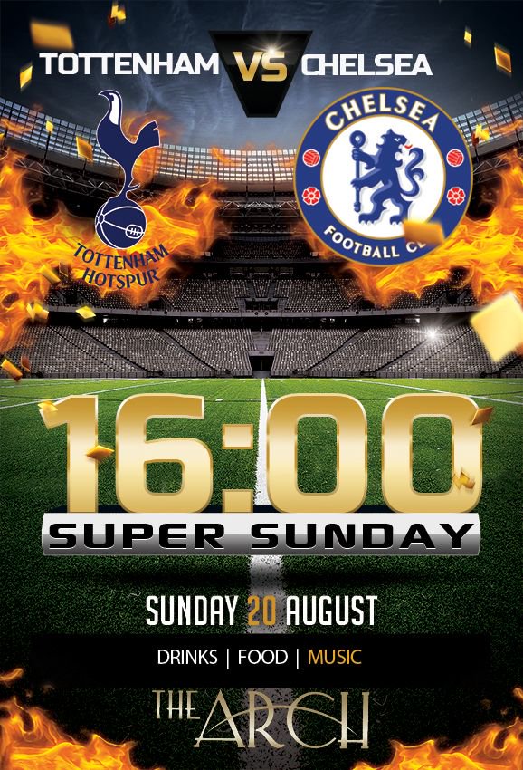 Premier League Game - this Sunday 20/08/2017
Spurs v Chelsea 4pm kick off
Live at The Arch
Spread the word!