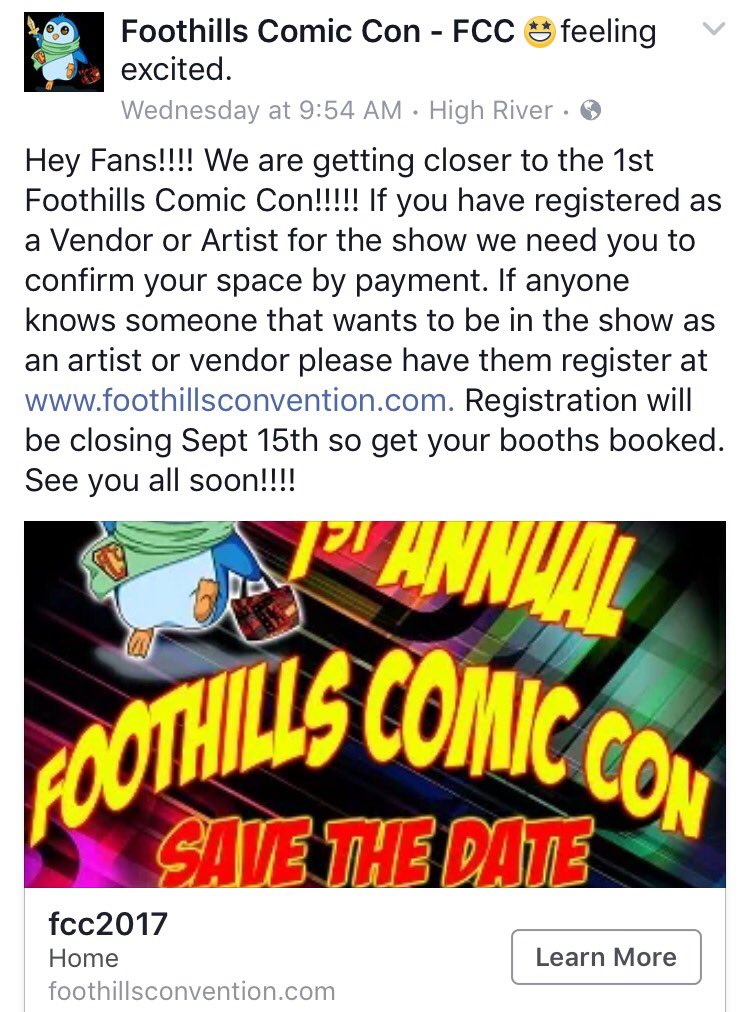 ConFoothills's tweet photo. Follow our fb page for the most up to to date info! #FASDawareness #fundraiser #foothillscomiccon #highriver https://t.co/fMUDFFSyF3