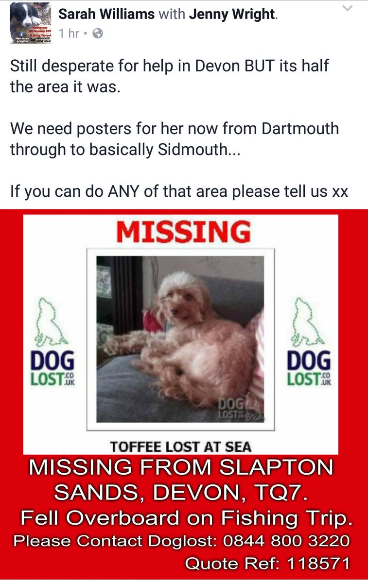 Urgently need volunteers in #Devon to help putting posters up for #lostdog can anyone help <a href="/FindOurPup/">Sarah Williams</a> Desperate for helpers please RT