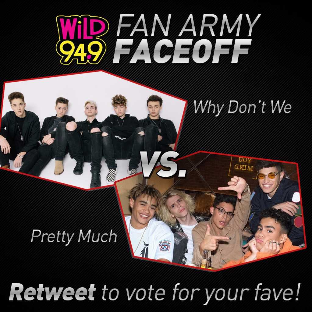 Wild949's tweet photo. Today is #WildFanArmyFaceOff Friday!
@whydontwemusic - https://t.co/PTQVOHVlOp
@prettymuch - https://t.co/sLgav2TKLK
RT TO VOTE! https://t.co/ApfxR6ZxiG