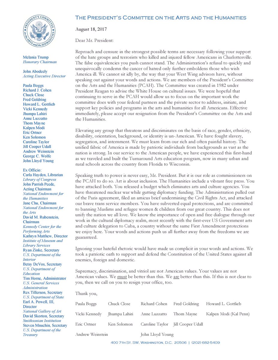 JUST IN: In letter to Pres. Trump, a mass resignation from the presidential arts and humanities committee.