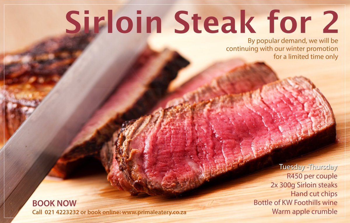 Primal Eatery (@primaleaterycpt) on Twitter photo Back by popular demand..our Sirloin steak special will continue for a limited time only. Book now! #steakhouse #winterspecial <a href="/KleinWelmoed/">Klein Welmoed</a> Back by popular demand..our Sirloin steak special will continue for a limited time only. Book now! #steakhouse #winterspecial <a href="/KleinWelmoed/">Klein Welmoed</a>