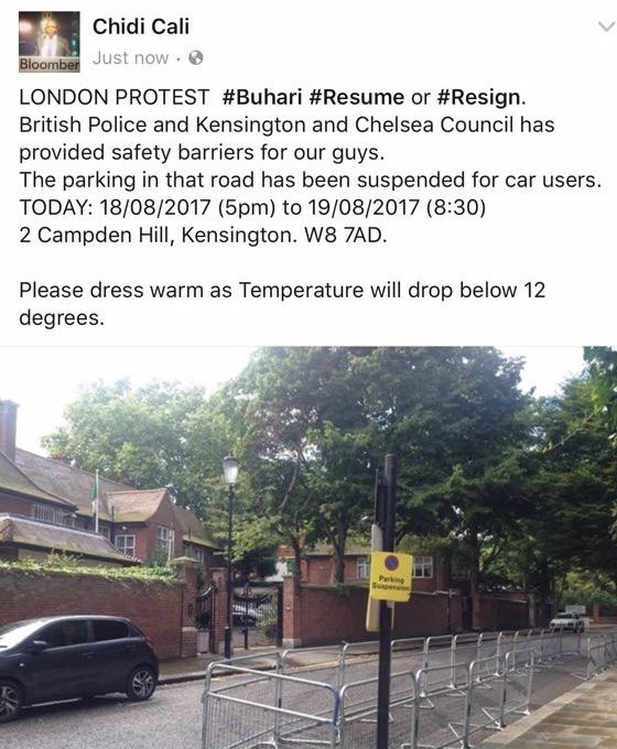 Nigerian nationals living in London will today, August 18, 2017, stage a go-back-home all-night rally against President Muhammadu Buhari in London.