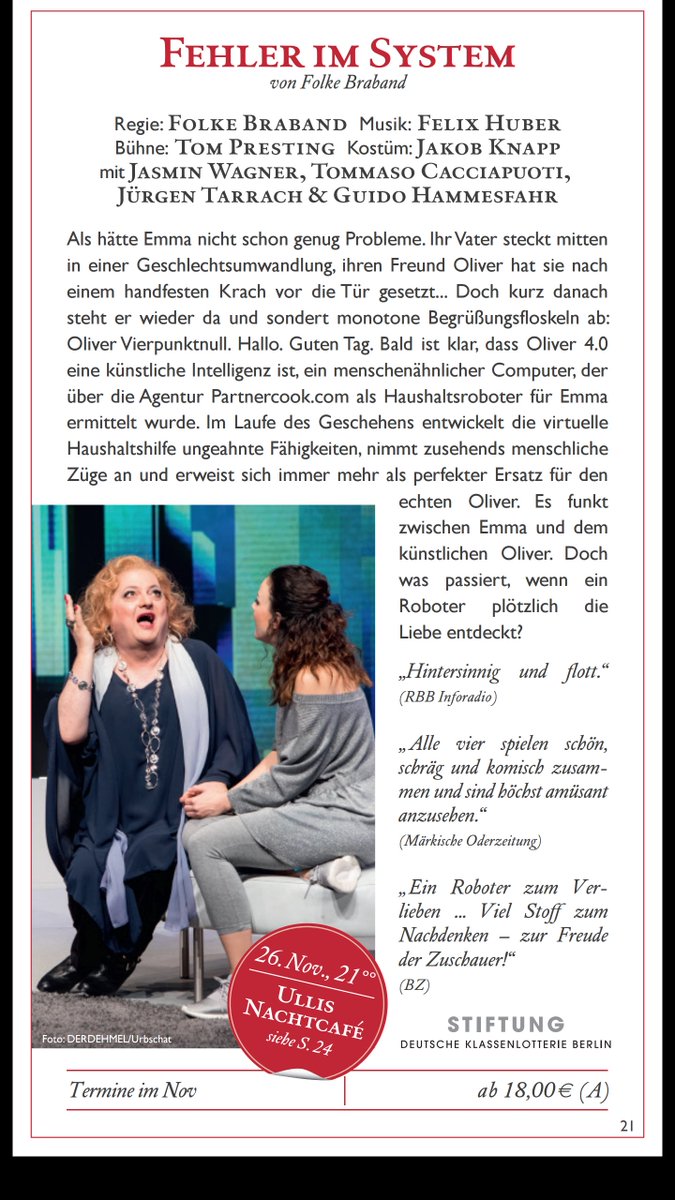 Fantilator's tweet image. Wenn Daddy ne Frau werden will und dein Ex zum Androiden  wird. Ab November wieder im Schlossparktheater. #FehlerimSystem m Jasmin Wagner.