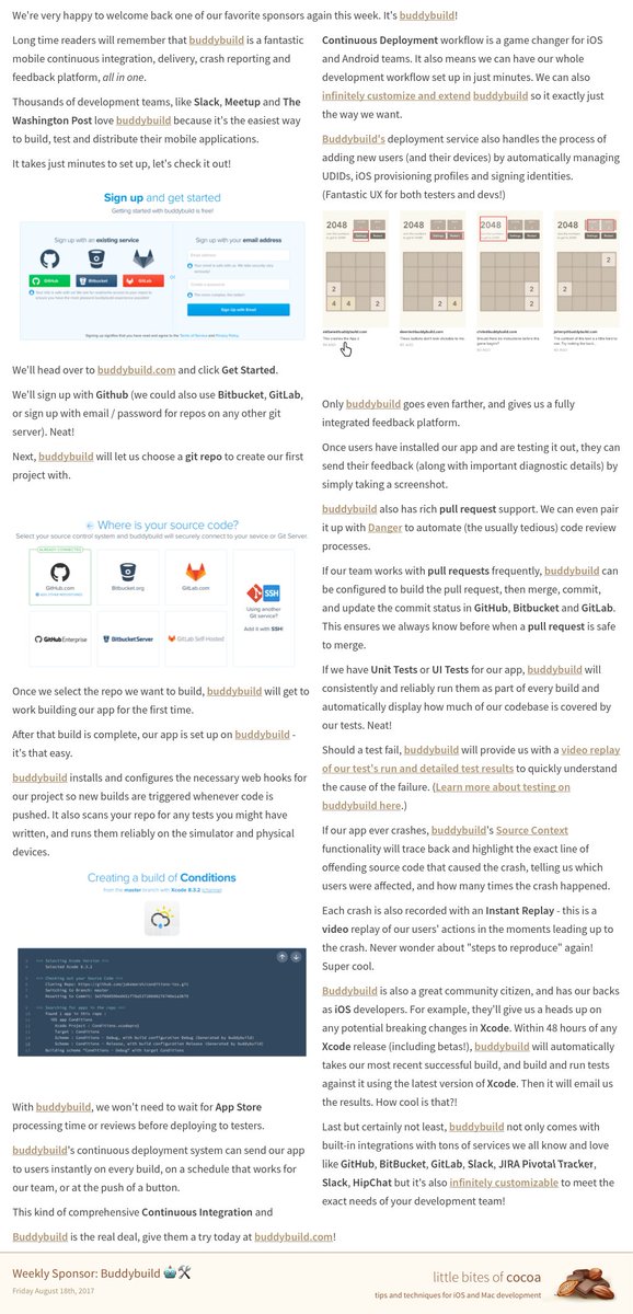 Weekly Sponsor: Buddybuild 🤖🛠

Web version: littlebitesofcocoa.com/sponsor-443

@buddybuild’s CI, CD, &amp; user feedback platform is fantastic, try it!
